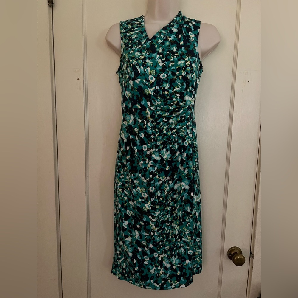 Charter Club Green and Blue Print Stretch V-neck Sleeveless Dress